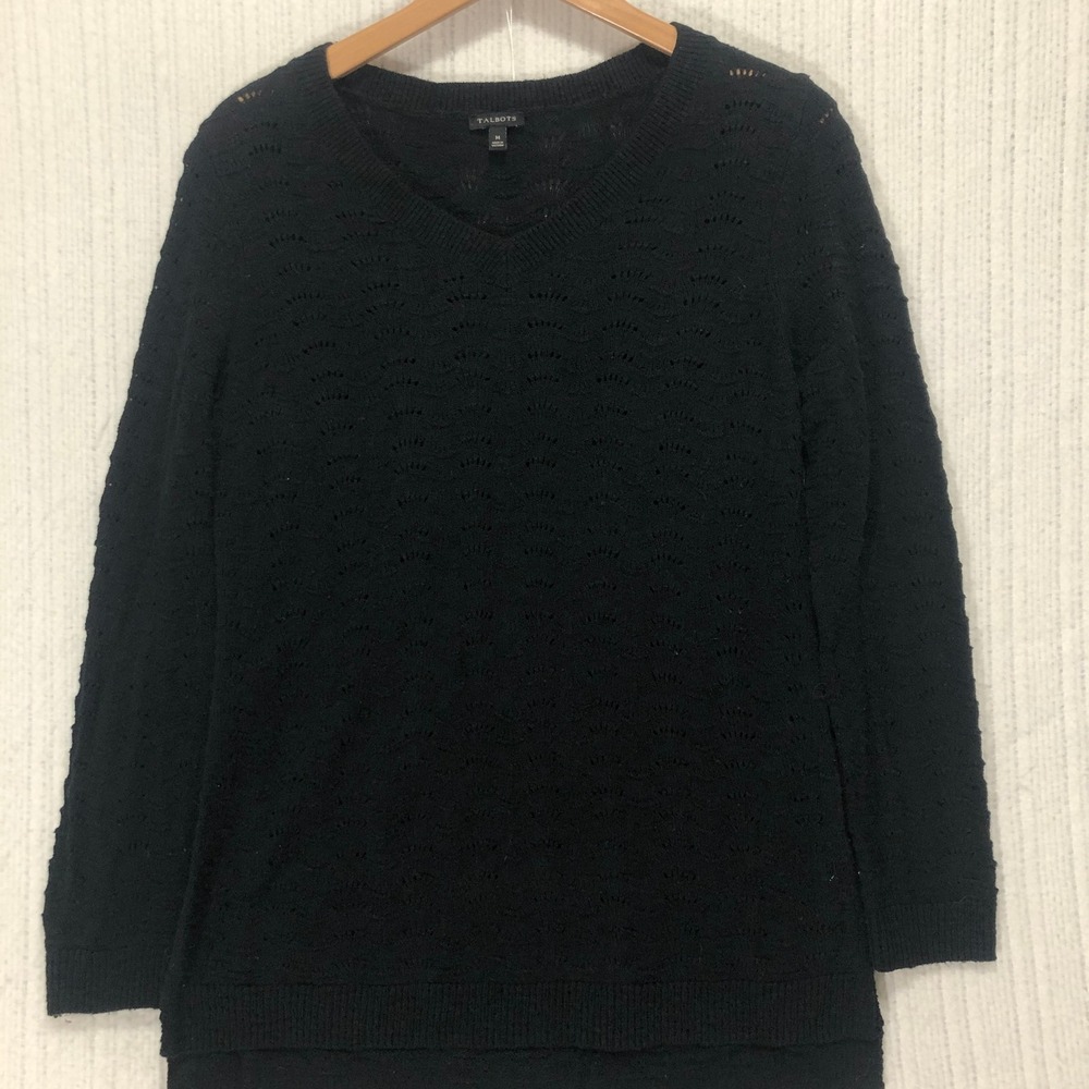 Talbots V-Neck Sweater Open Knit Long Sleeve‎ Pullover Lightweight Black M